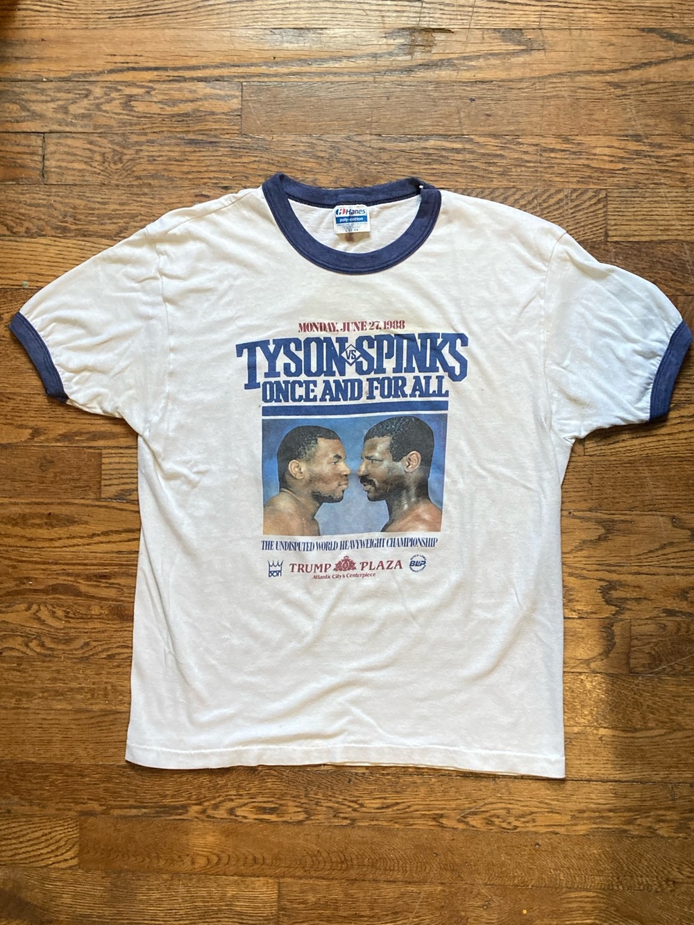 Hanes White T-Shirt with Navy Trim and Blue Graphic